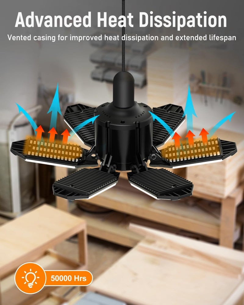 Adiding LED Garage Ceiling Light, 4 Pack 40000Lm Bright Screw into E26 E27 Socket LED Basement Lighting, 6+1 Deformable Panels, Daylight 6500K for Pole Barn Workshop Attic Porch Storage Room Low Bay - Image 5